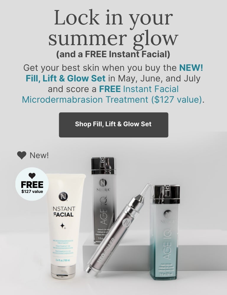 Buy the NEW! Lift, Fill & Glow Set in May, June and July and score a FREE Instant Facial Microdermabrasion Treatment. Featured is the new skincare set.